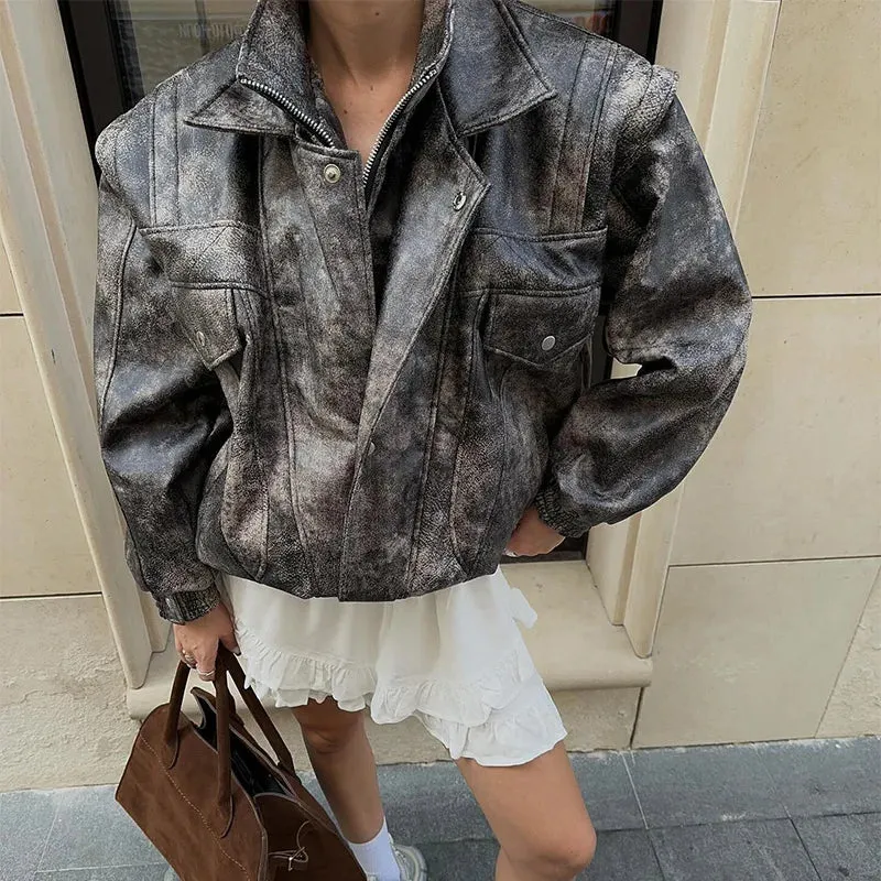 TAVIMART  -  Women's Cropped PU Leather Jacket Chic Turn Down Collar Zipper Gradient Color Female Retro Coat Autumn Motorcycle Outwears