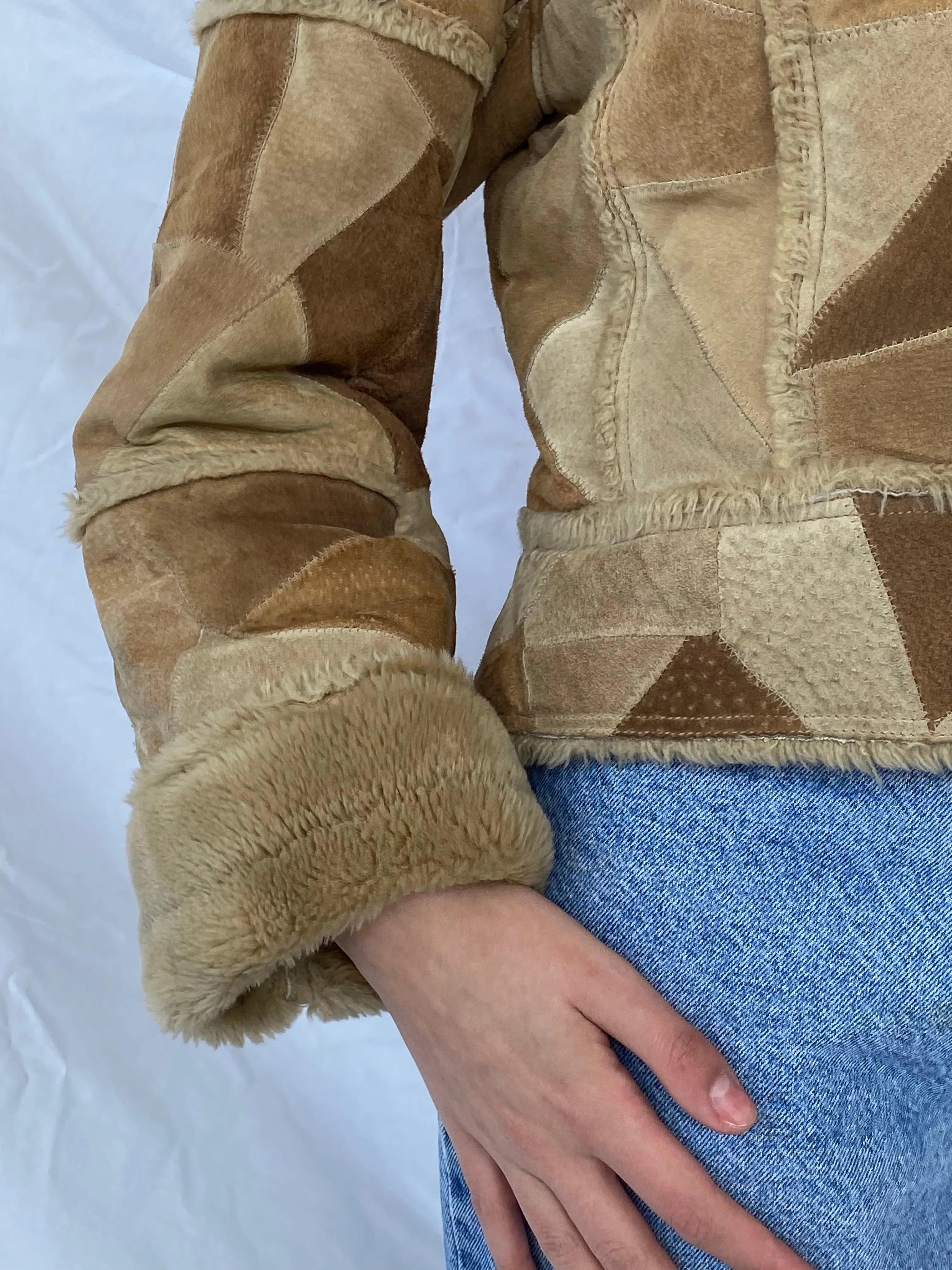Vintage Afghan Style Genuine Suede Patchwork Jacket