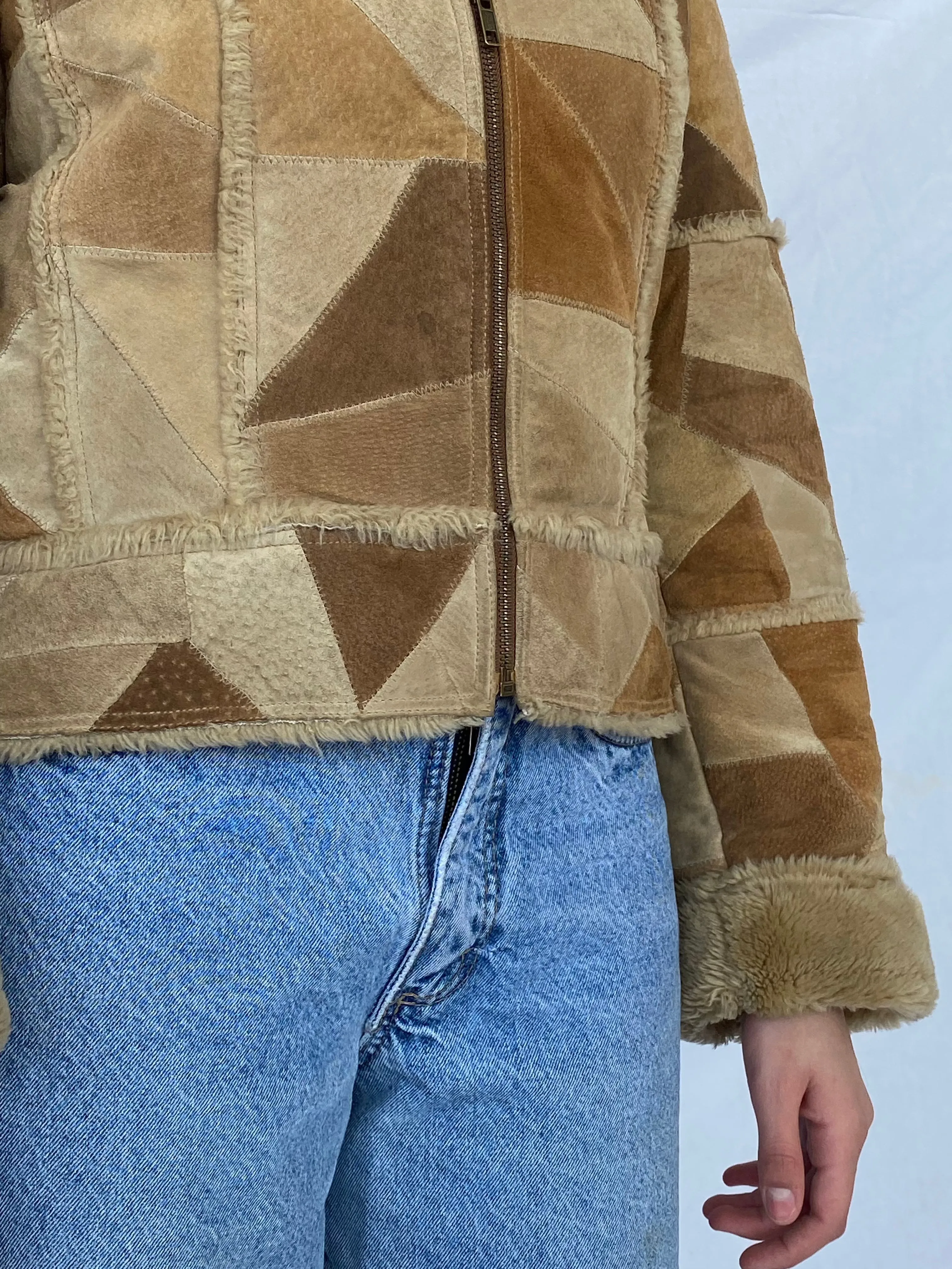 Vintage Afghan Style Genuine Suede Patchwork Jacket