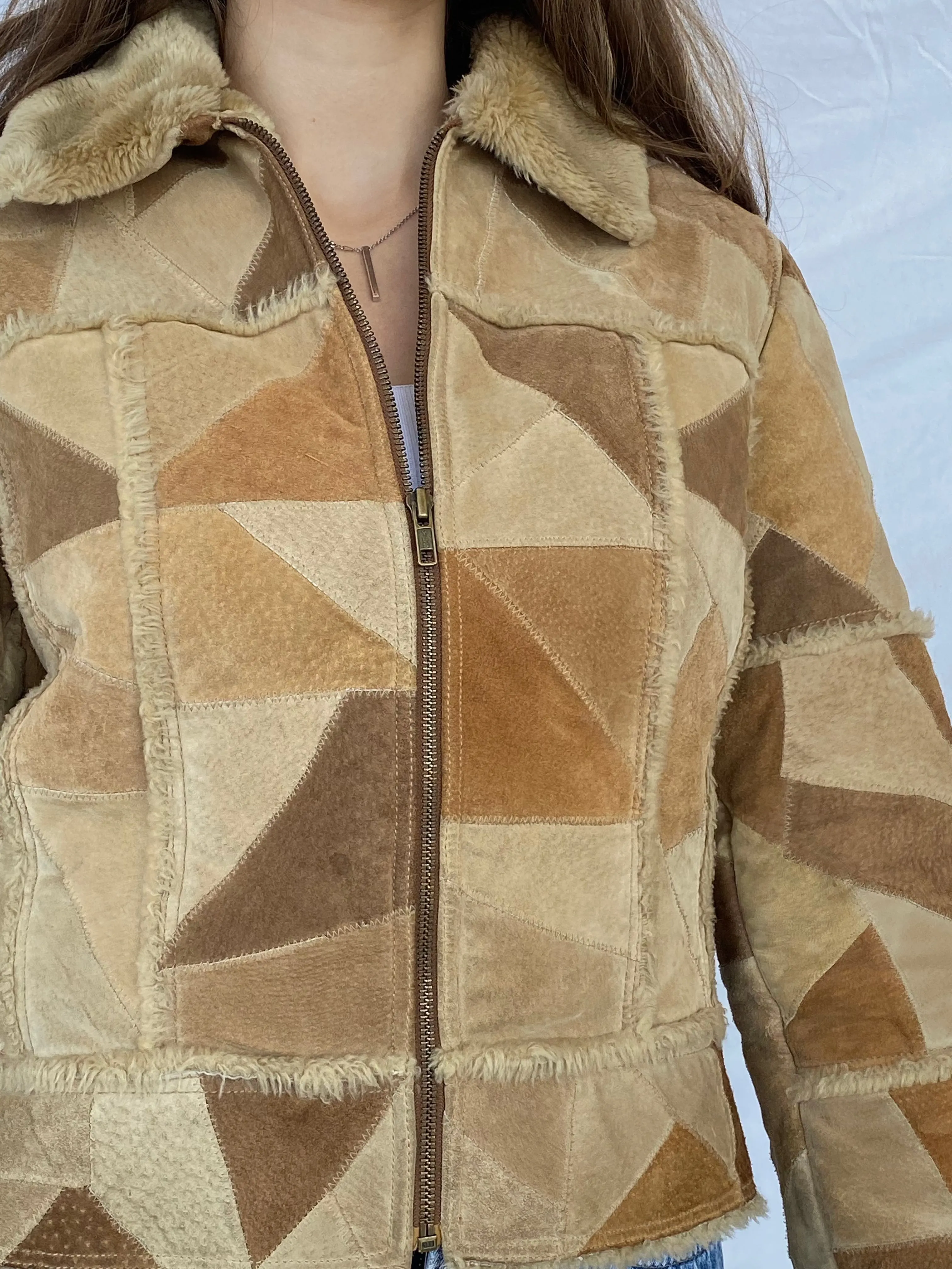 Vintage Afghan Style Genuine Suede Patchwork Jacket