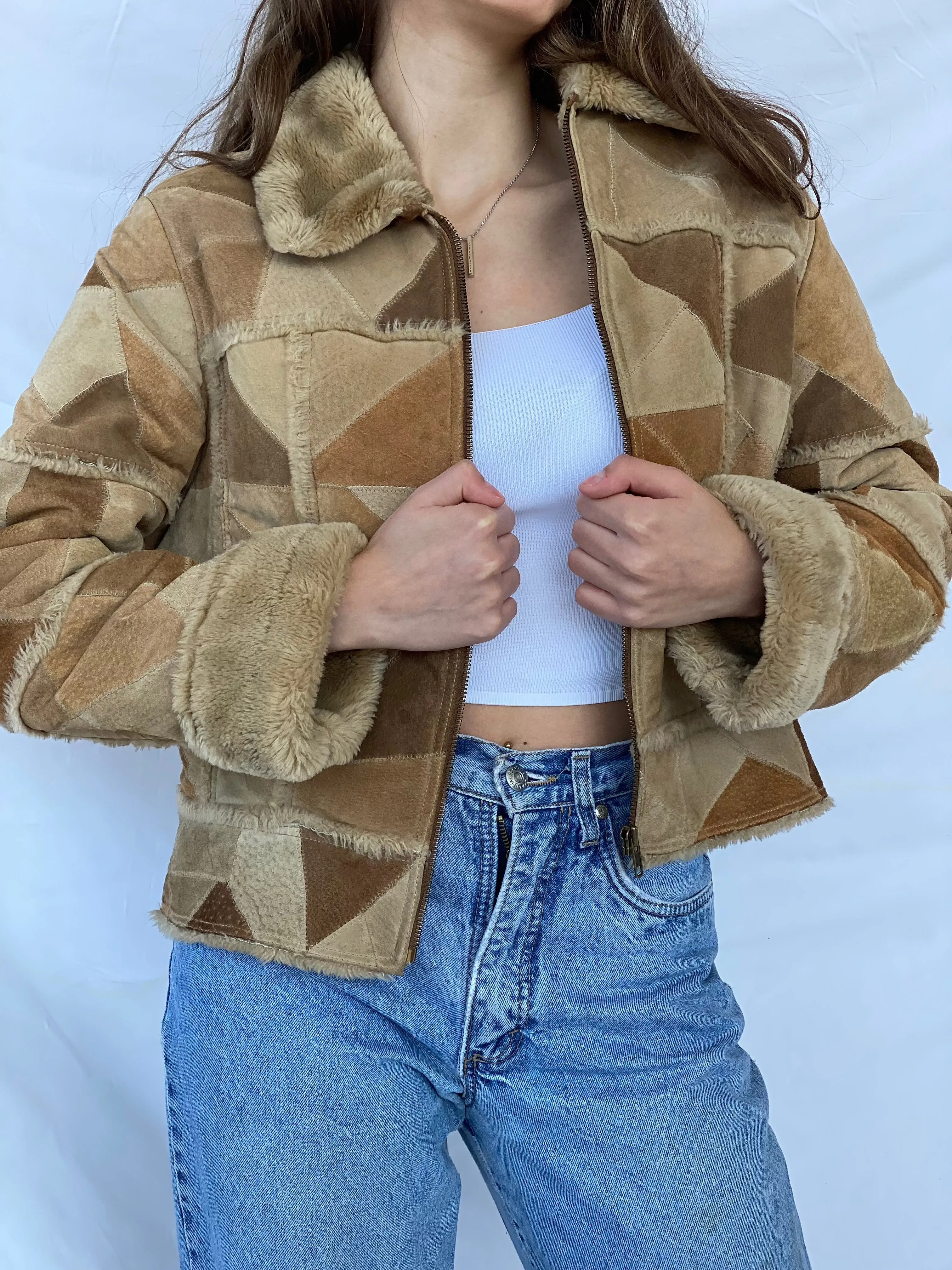 Vintage Afghan Style Genuine Suede Patchwork Jacket