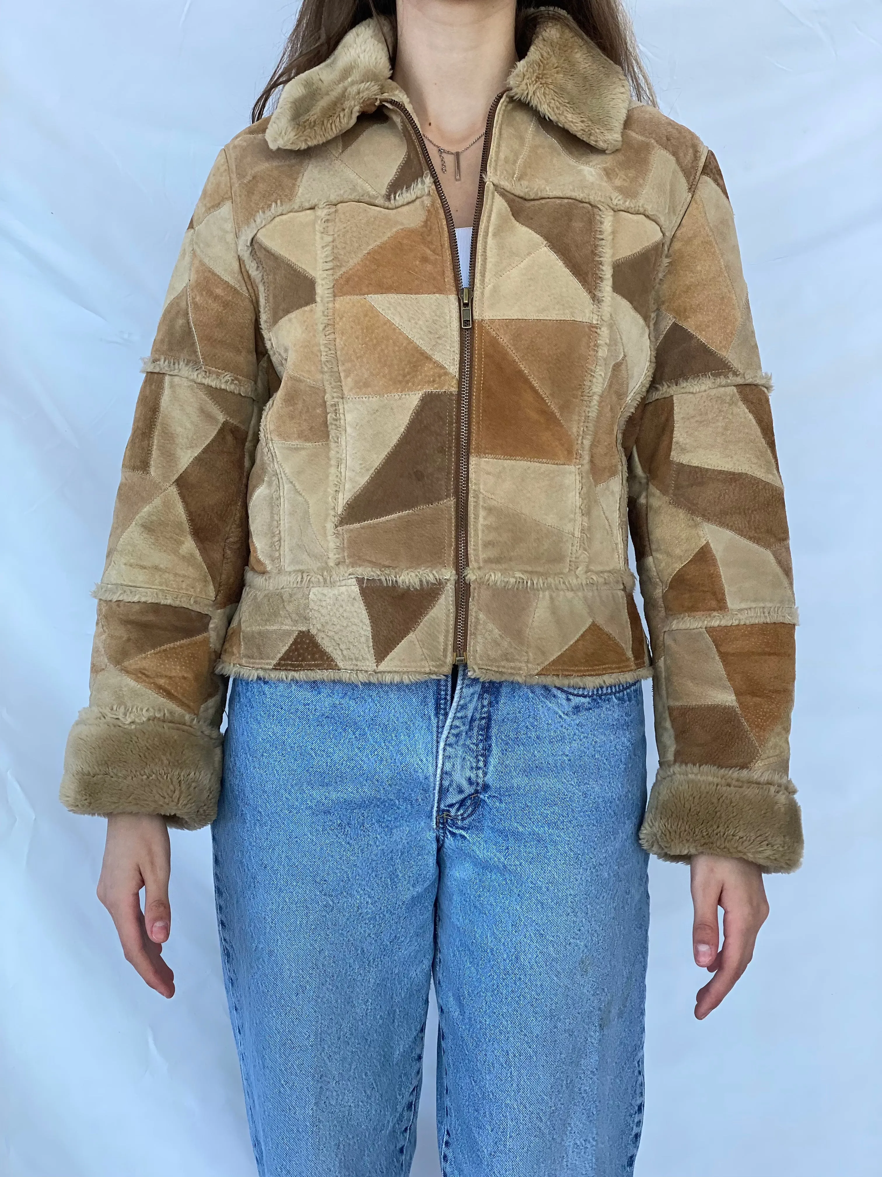 Vintage Afghan Style Genuine Suede Patchwork Jacket