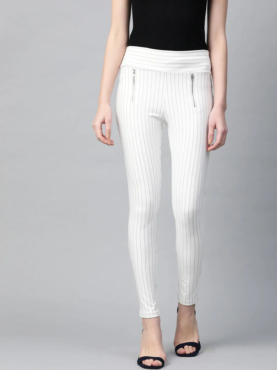 White Side Zipper Striped Jeggings