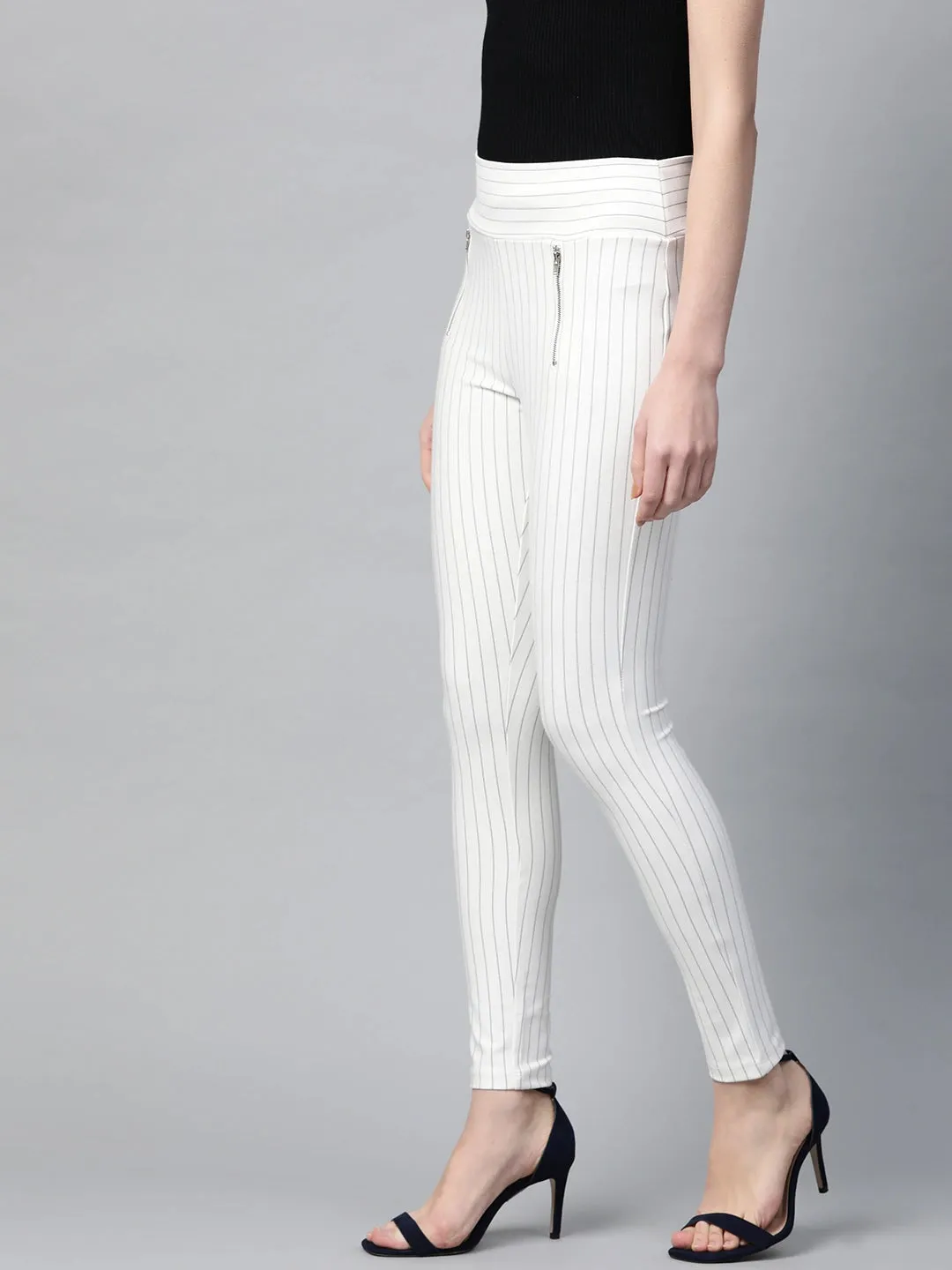 White Side Zipper Striped Jeggings