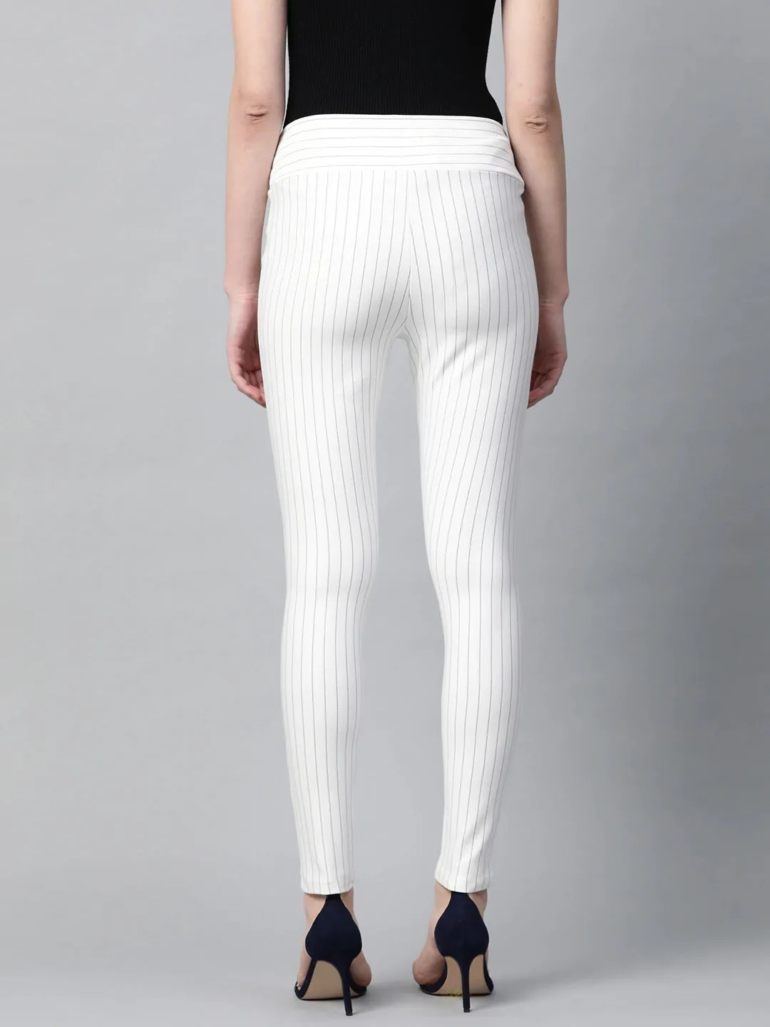 White Side Zipper Striped Jeggings