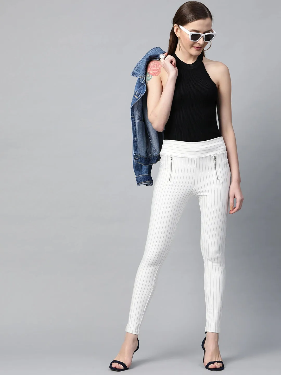 White Side Zipper Striped Jeggings