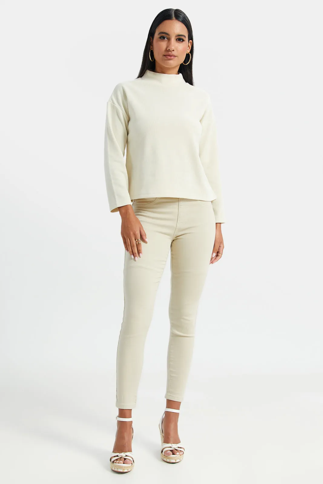 Women Beige Solid Knit Jegging