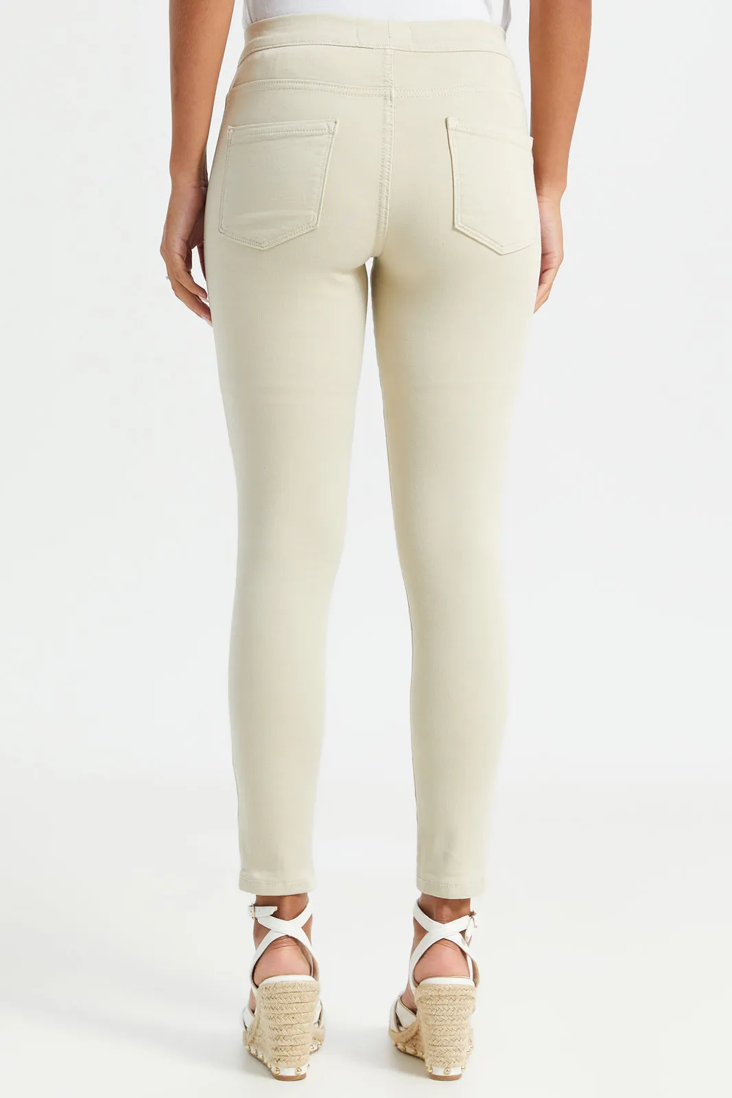 Women Beige Solid Knit Jegging