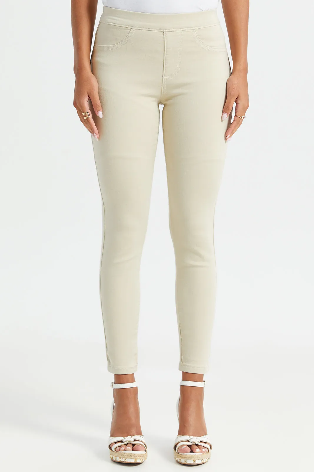 Women Beige Solid Knit Jegging