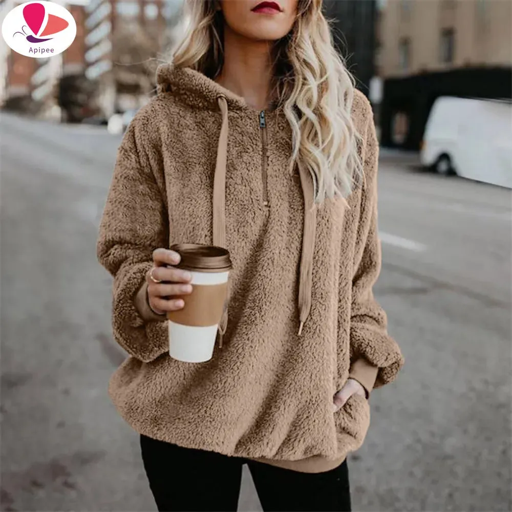 Women Hooded Faux Fur Coat  5XL Winter Jacket Wool Cashmere Coat Women Fashion Tops Casual Fur Jacket Fur Coat