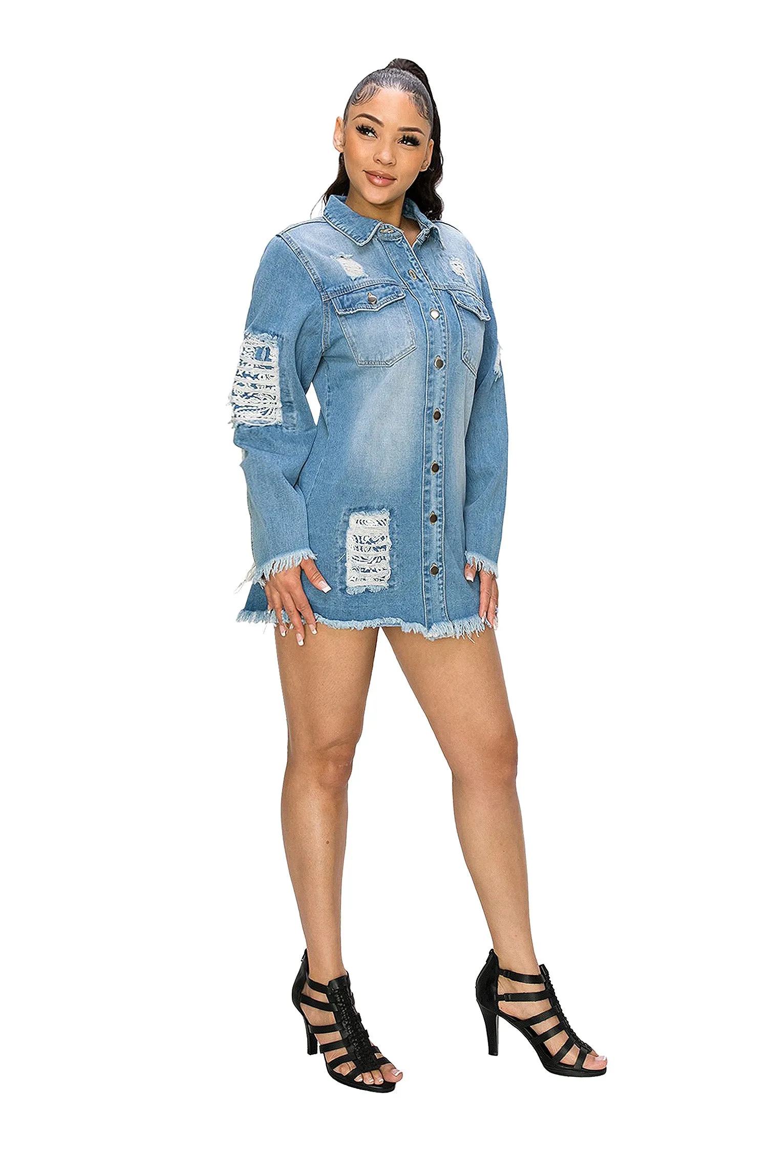 Women's Bandana Distressed Oversized Long Button Denim Shirt