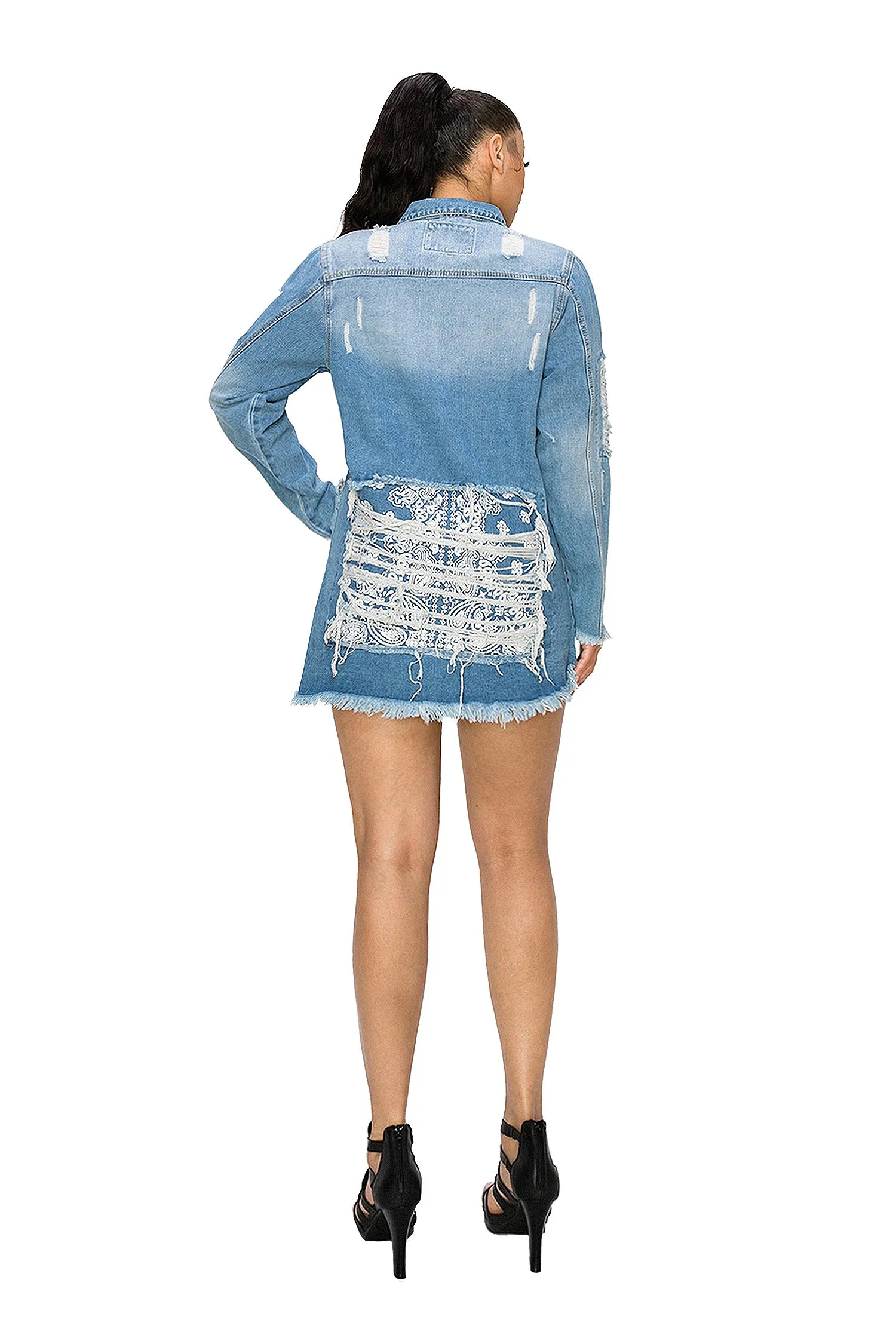 Women's Bandana Distressed Oversized Long Button Denim Shirt
