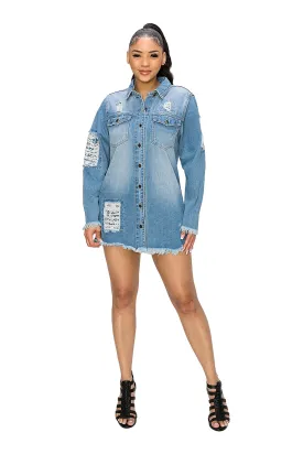 Women's Bandana Distressed Oversized Long Button Denim Shirt